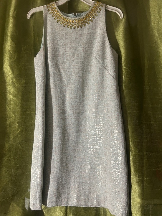 Maggy London Dresses & Skirts - Maggy London Pale Blue Shift Dress with Gold Beaded Neckline
